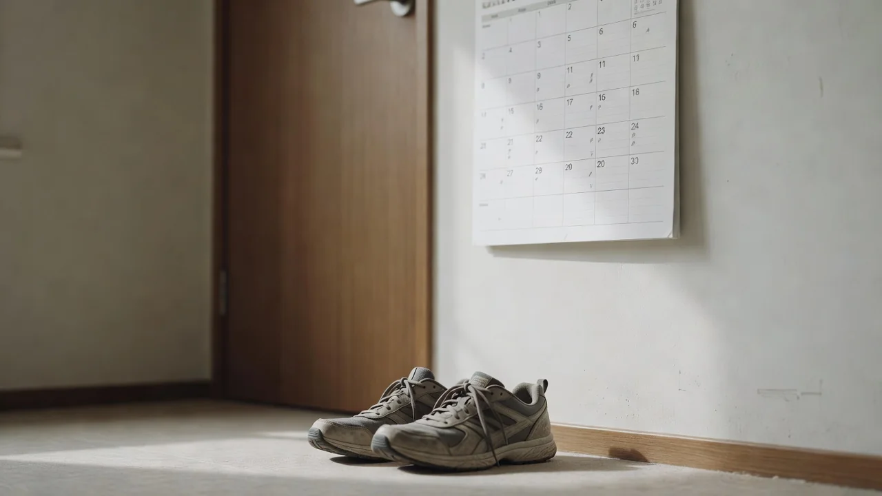 Athletic shoes and a rolled exercise mat standing in a hallway corner
