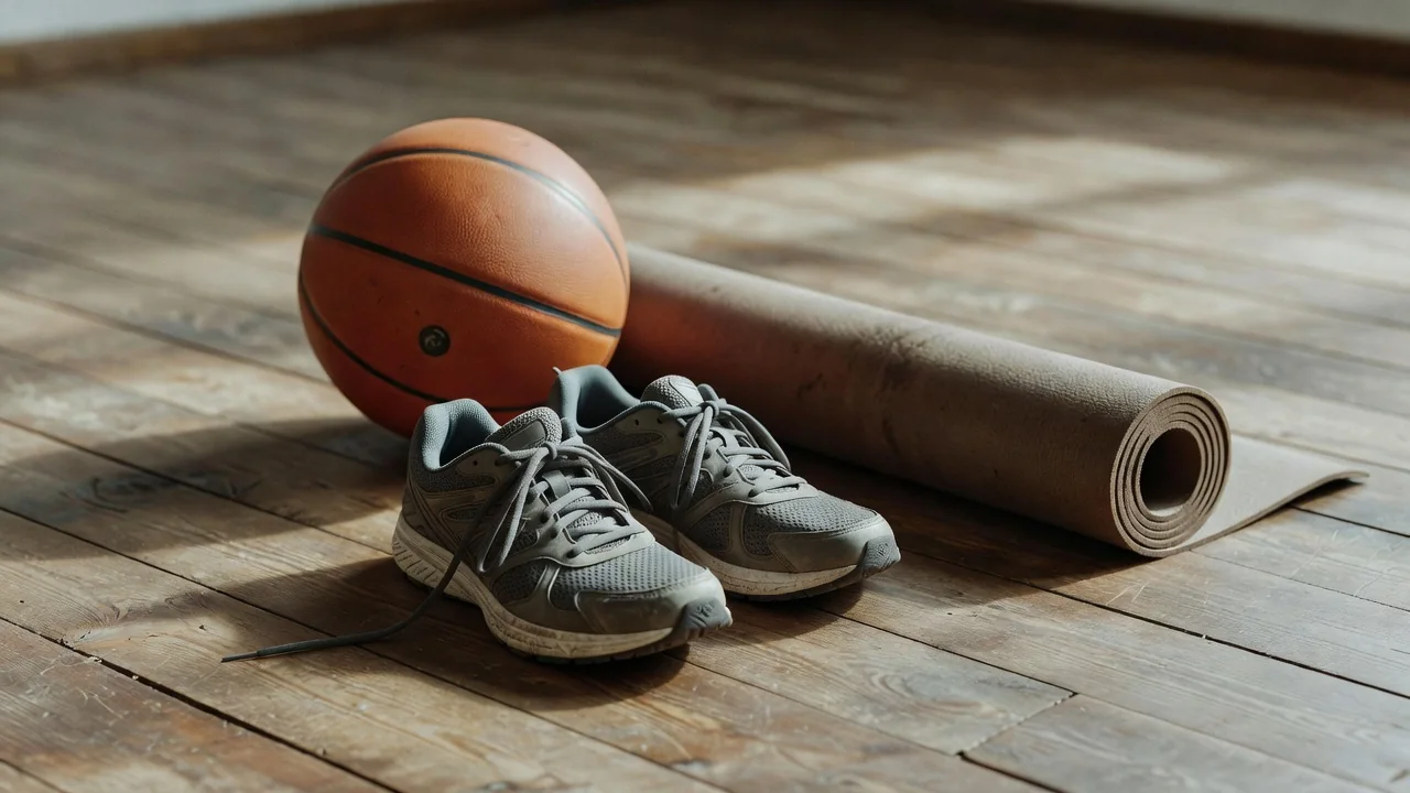 A yoga mat, resistance band and jump rope laid out on a wooden home floor