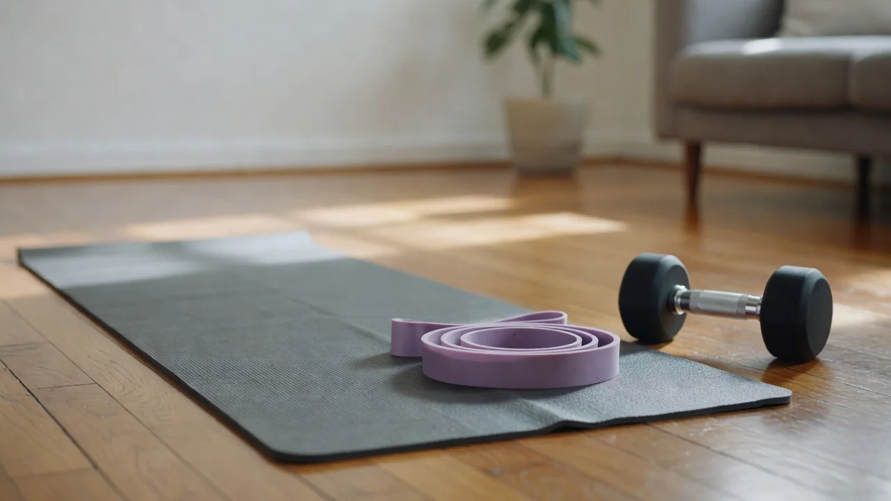 A resistance band, a rolled exercise mat and one dumbbell on a living room floor