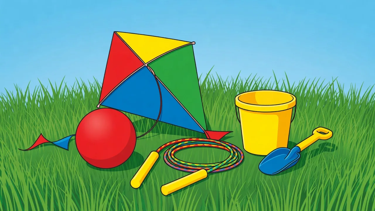 Niños jugando con cometa, pelota y tizas de colores en un parque soleado