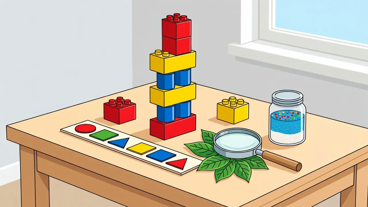 Niña concentrada construyendo una torre con bloques de madera naturales mientras su padre observa desde el fondo