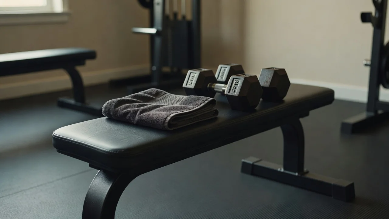 A kettlebell and a coiled jump rope on a black rubber gym floor