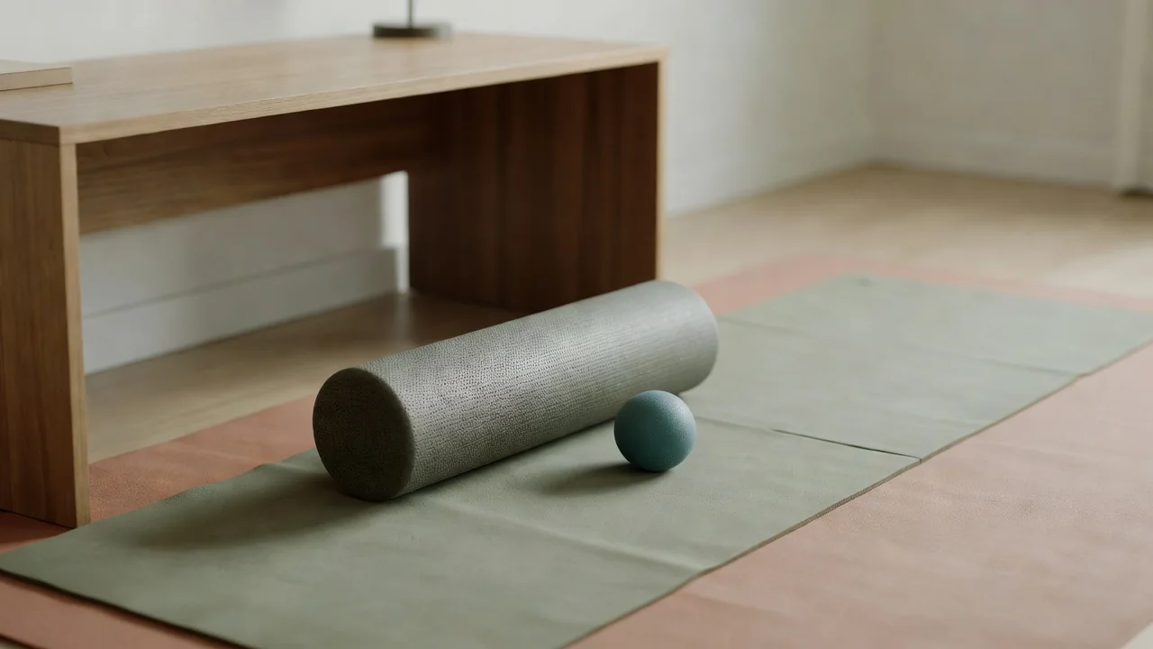 A small massage ball and a resistance band on the corner of an office desk
