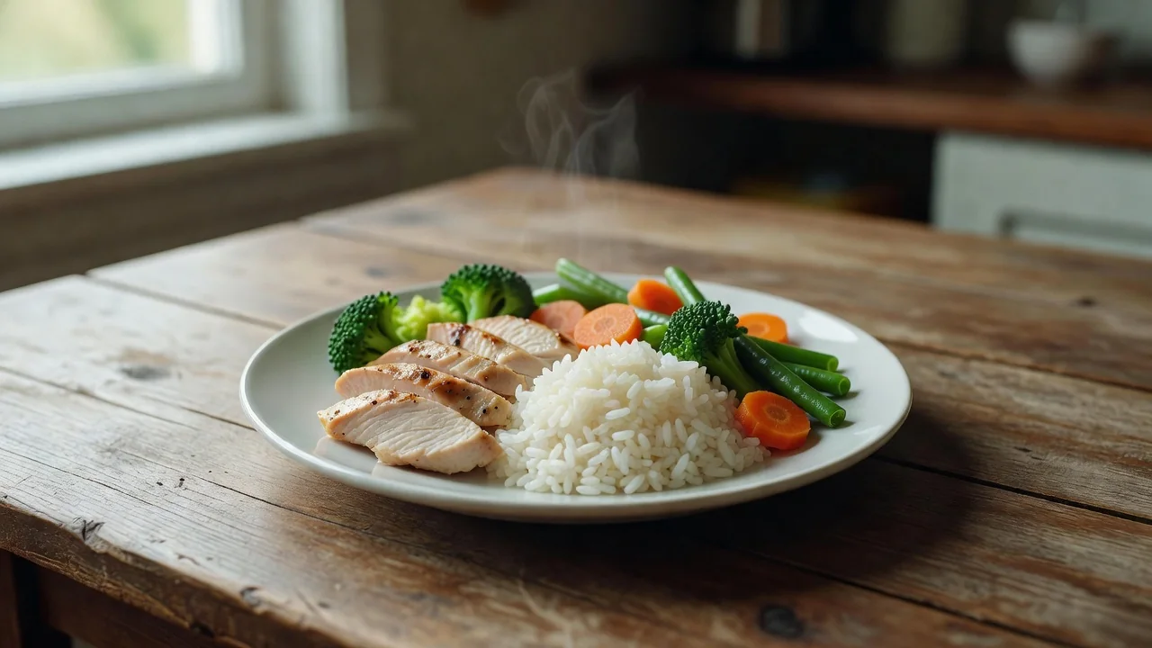 Grilled chicken breast, rice and steamed vegetables packed in plain meal prep containers