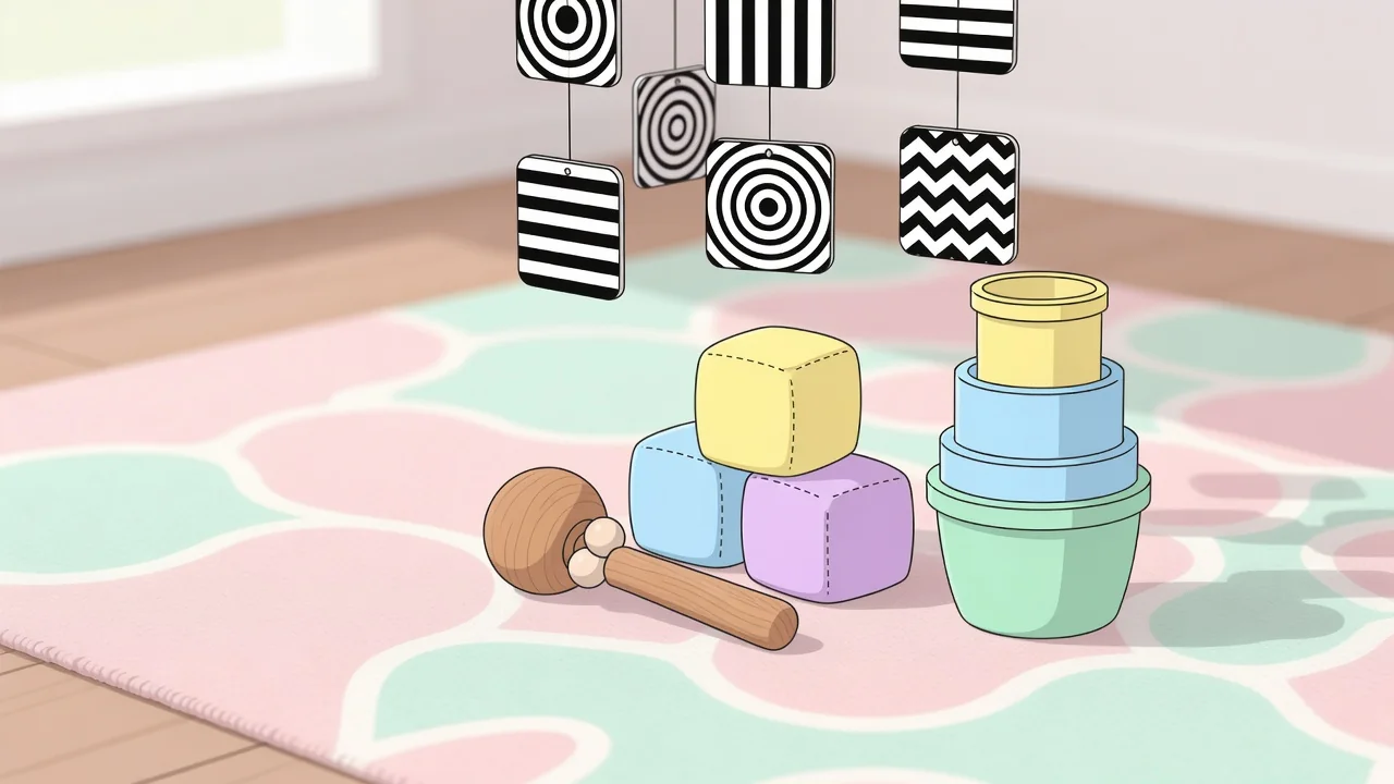 Bebé de seis meses jugando con un sonajero de madera y una pelota de tela en el suelo de casa