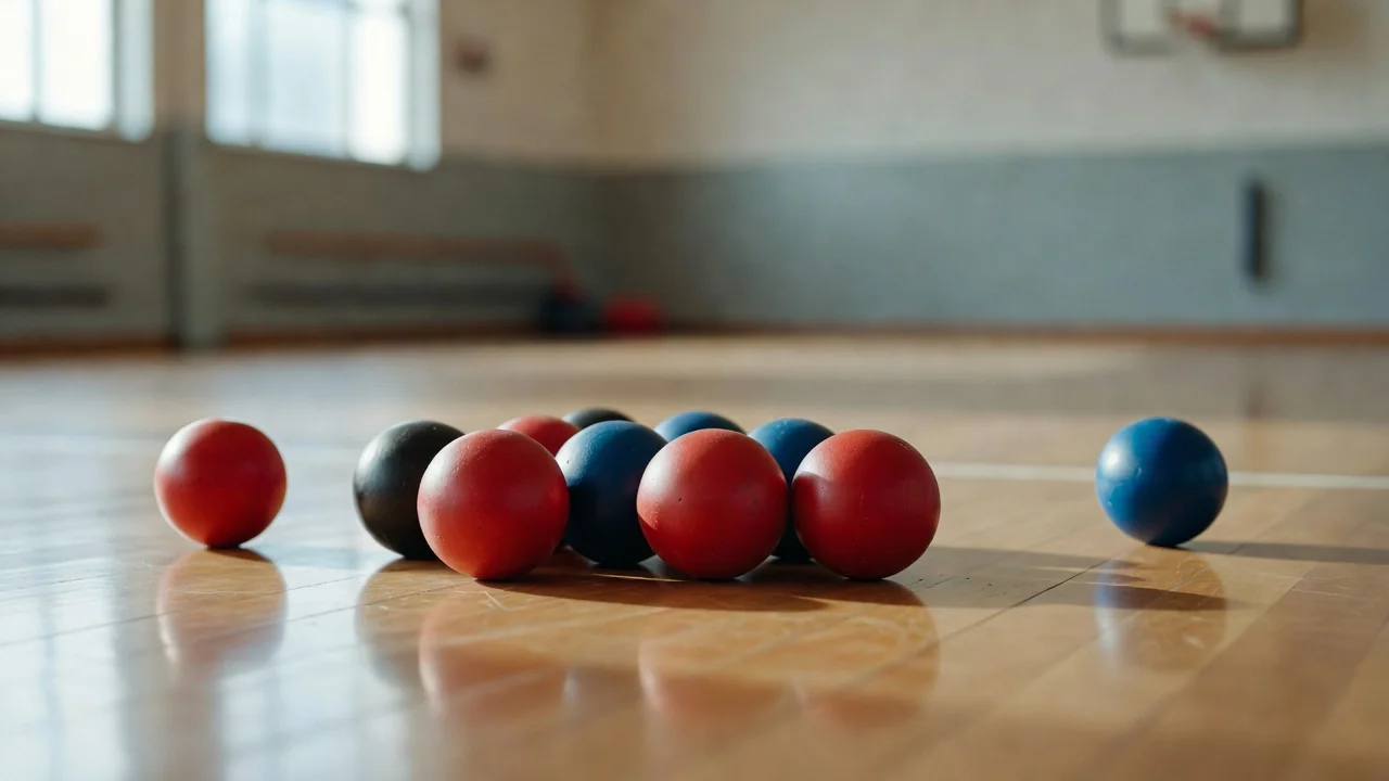 A set of boccia balls in a soft carrying bag on a gym floor
