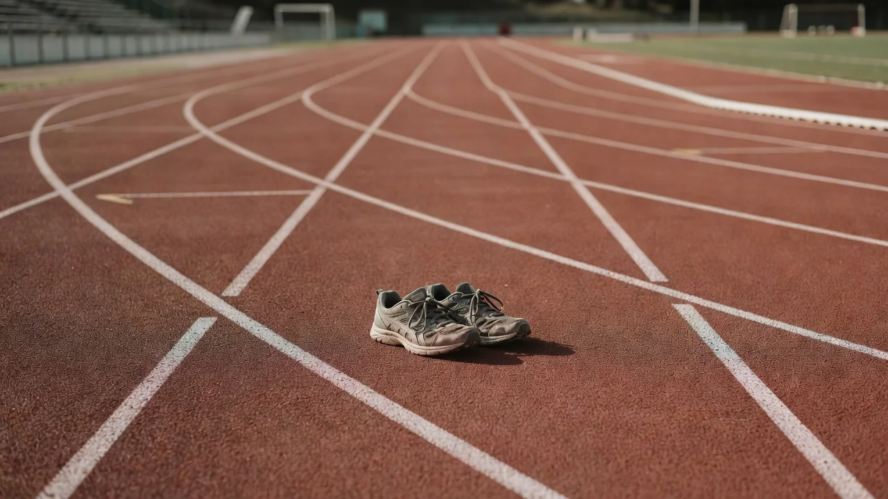 Running shoes on a soft grass path in gentle light