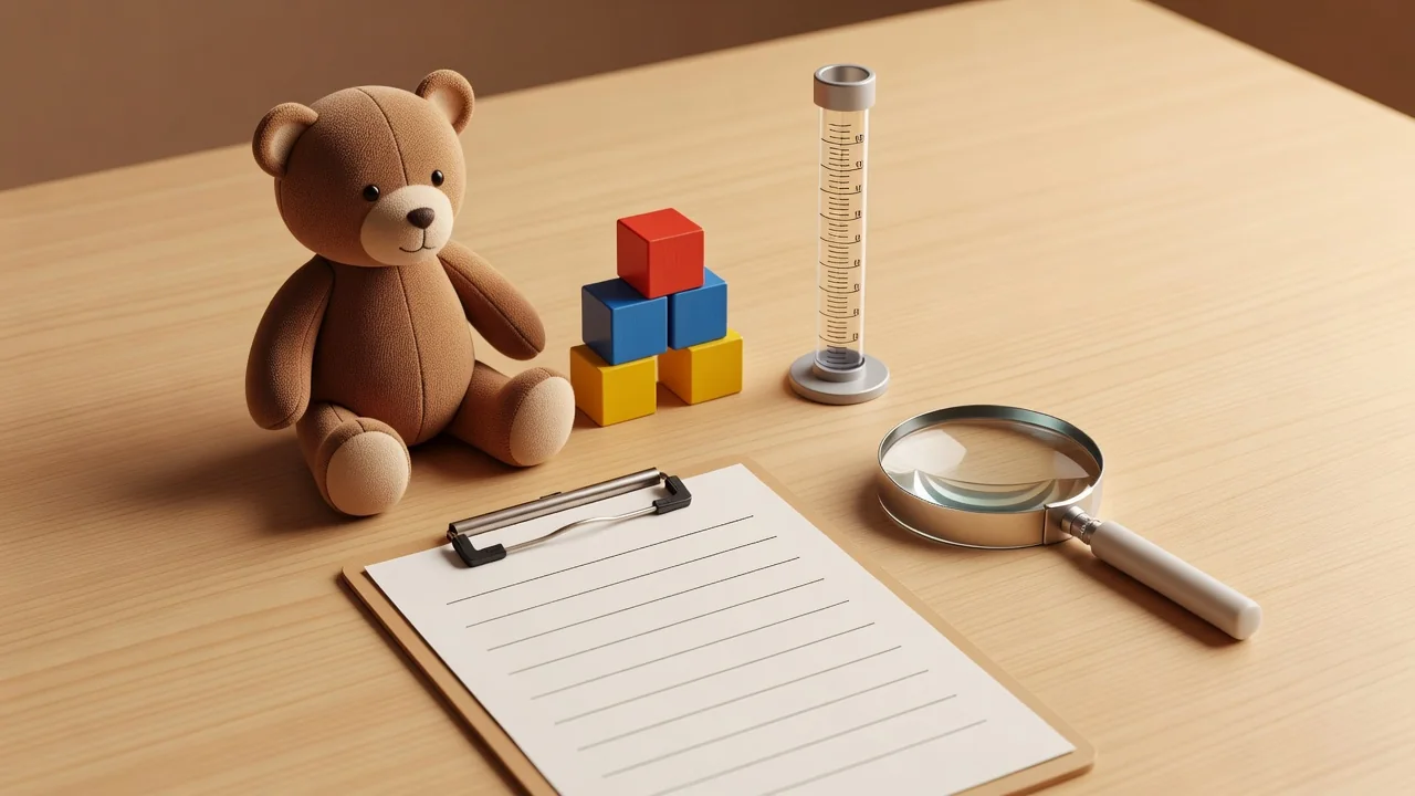 Padre revisando la etiqueta de seguridad de un juguete de madera junto a su hija