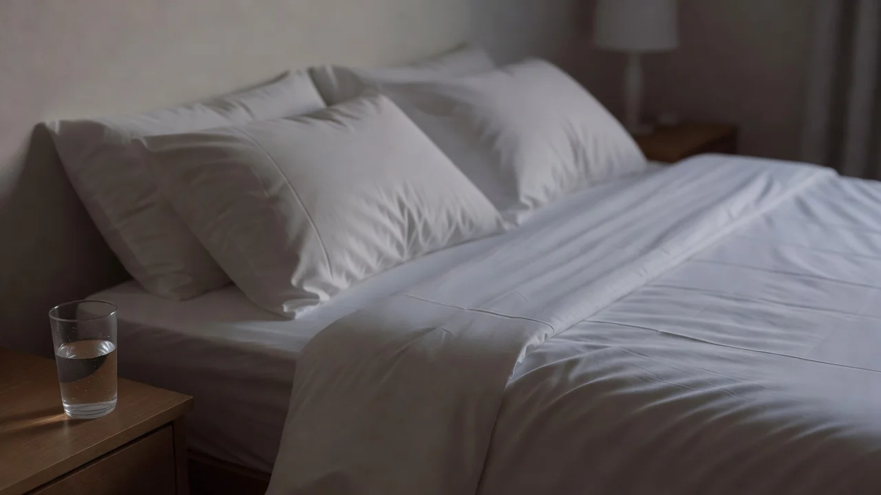 A bed with plain bedding in soft early morning light