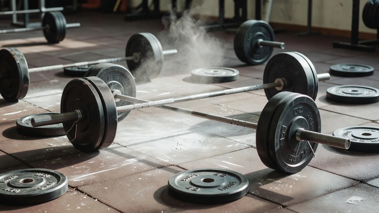 Weight plates stacked on a gym floor in soft light