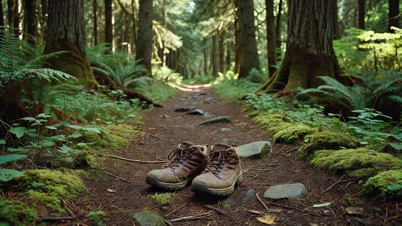 Two pairs of athletic shoes side by side on a wooden porch, one pair worn and one new